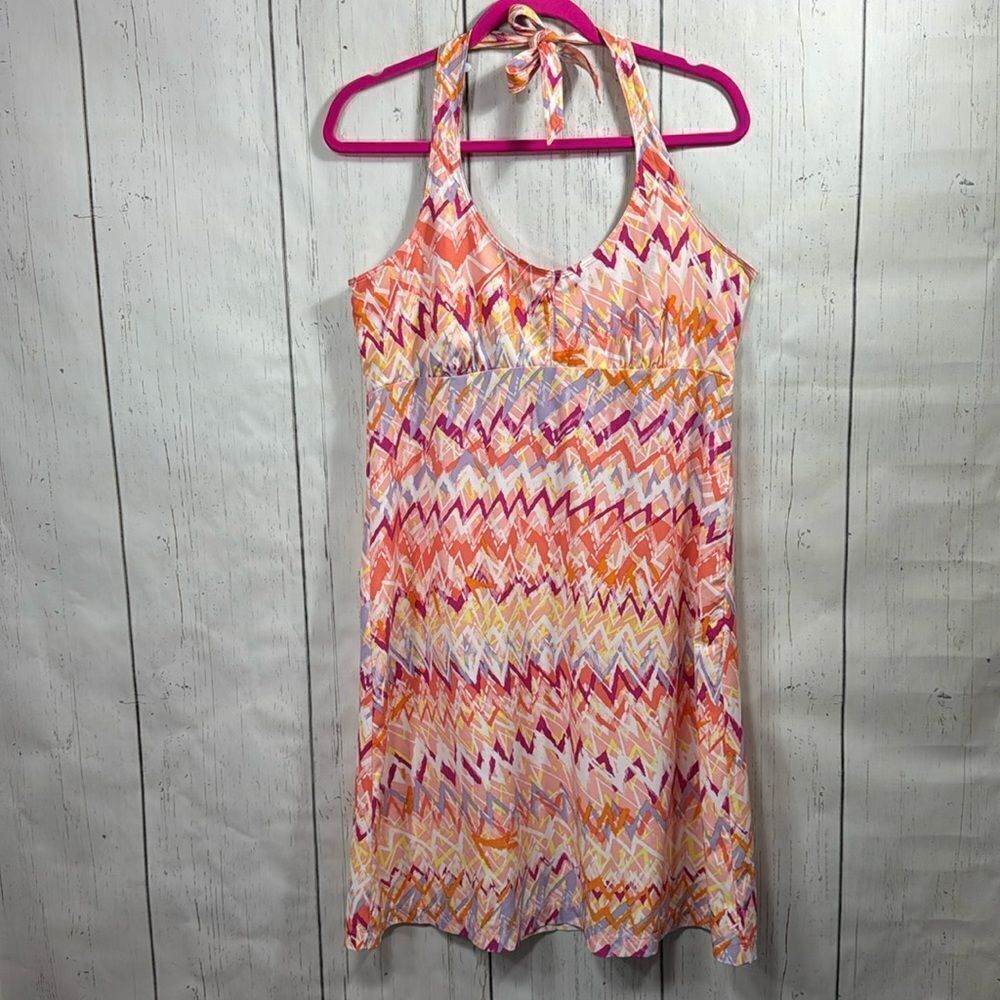 Columbia PFG Halter Dress L Pink Zigzag Print Active Sporty Outdoor Sundress